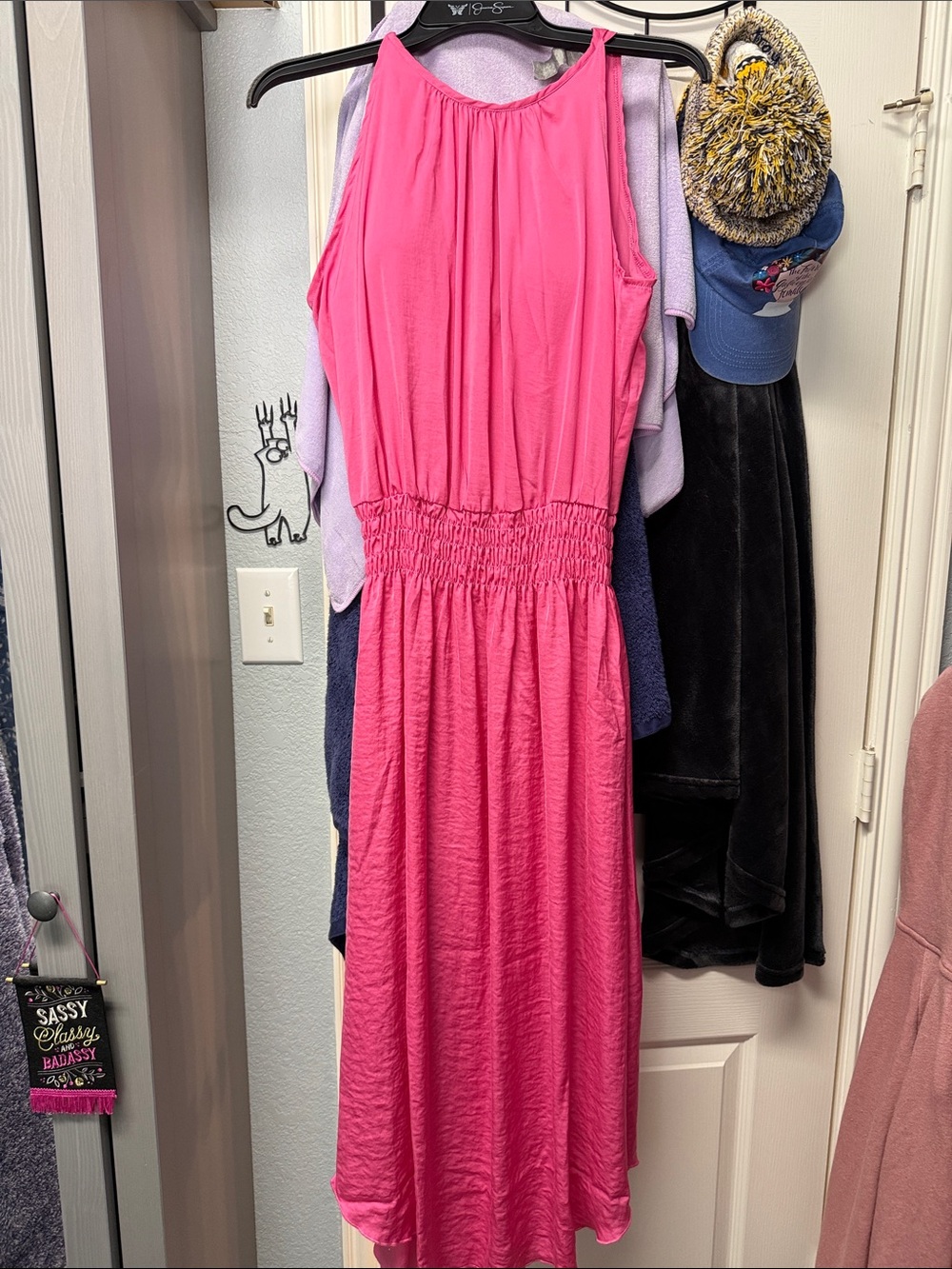 NWOT Women’s Sleeveless Hot Pink Midi Dress with Smocked Waist, Built-in Bra